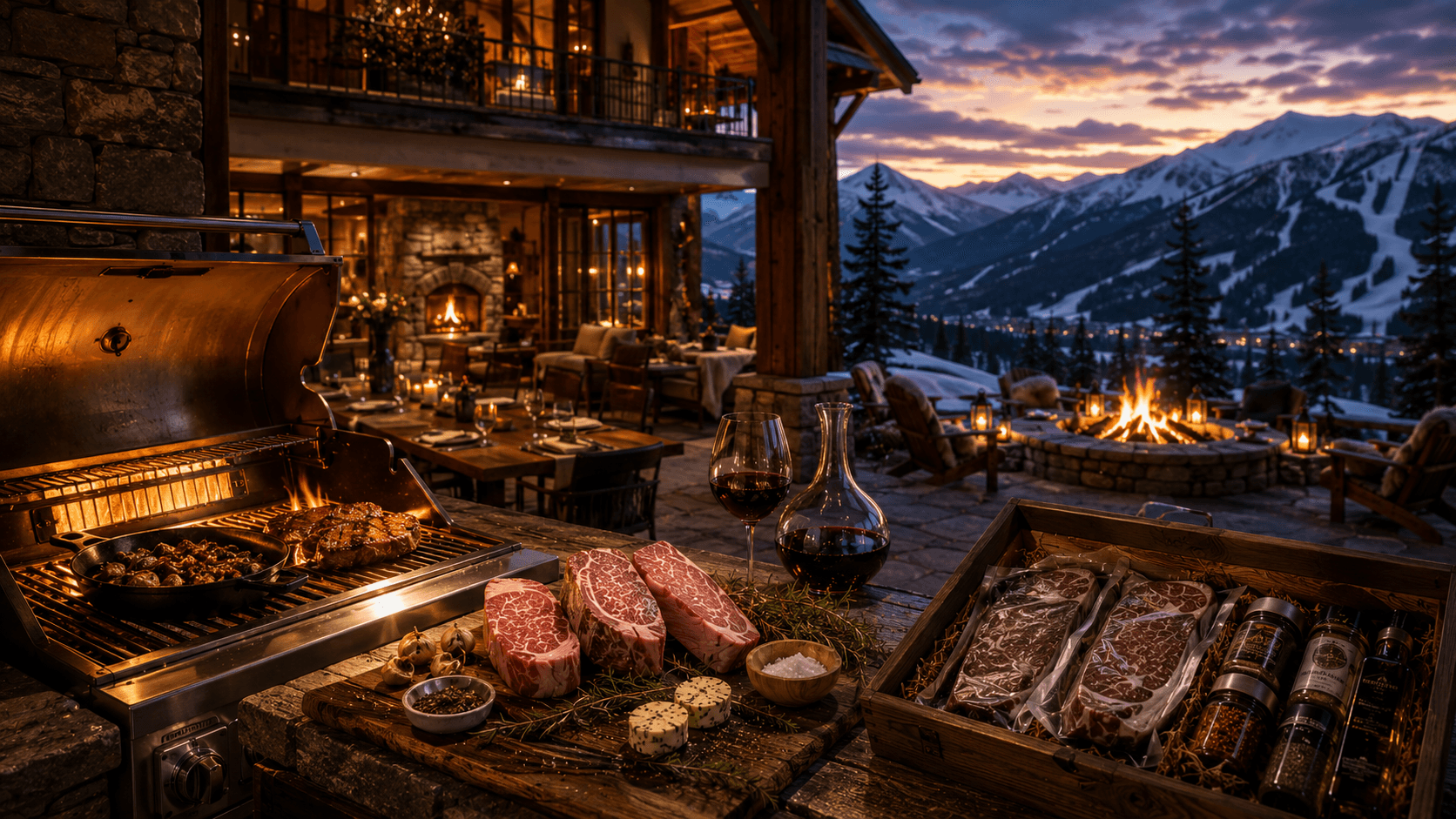 Steaks searing beautifully over open wood fire grill outdoors