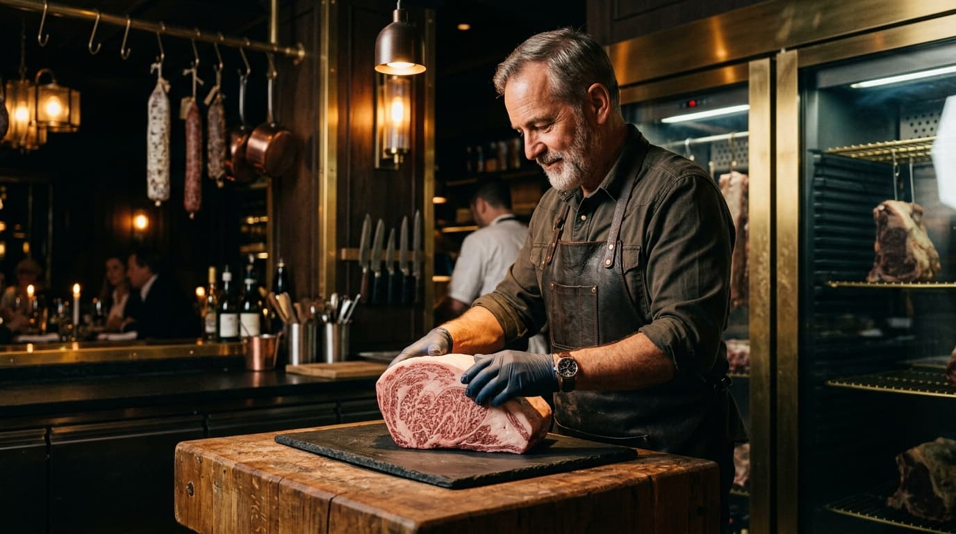 Club Wagyu Master Butcher inspecting prime A5 Wagyu ribeye