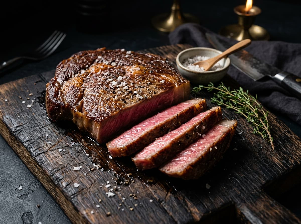 Perfect medium rare Wagyu steak seared with fleur de sel and fresh thyme