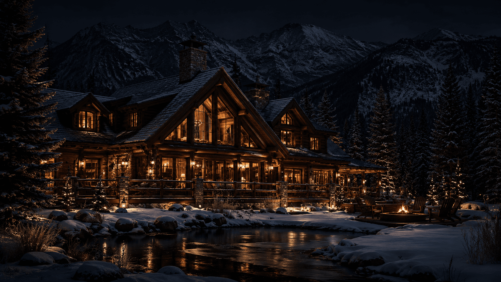 Luxury lodge deck with fire pit overlooking mountains